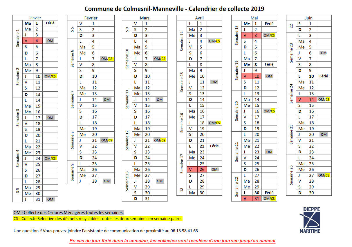 Calendrier ramassage OM 1er semestre 2019