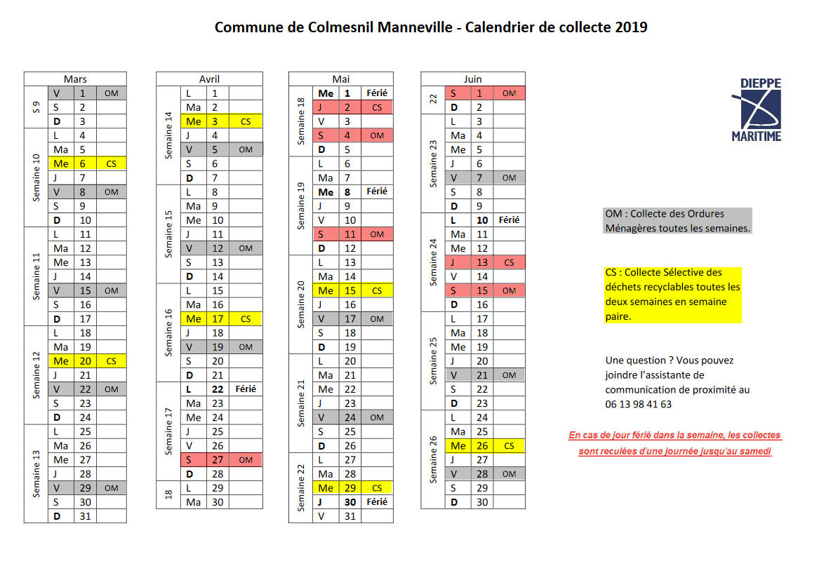 Nouveau planning ramassage bac à compter du 01 mars 2019-1er semestre